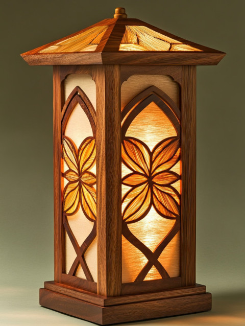 A wooden lantern with intricate marquetry wood cut inlays