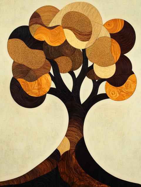 A tree created with layered marquetry wood grain textures