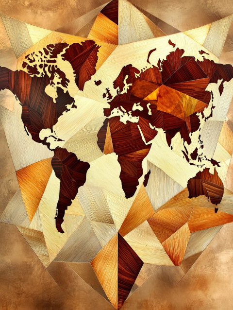 A world map crafted with precise marquetry wood inlays