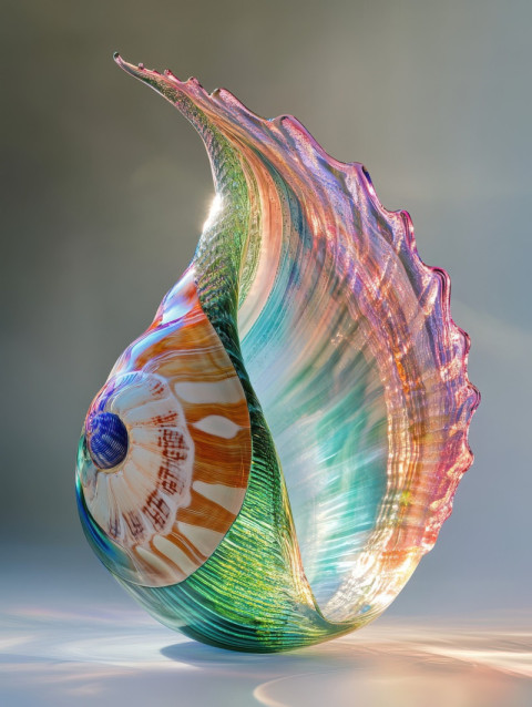 A seashell delicately trapped in translucent graal glass layers