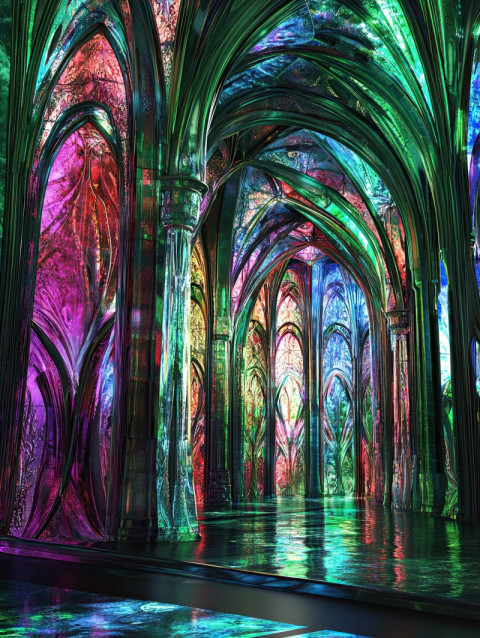 A cathedral with stained glass layers