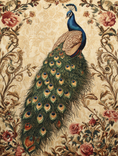 Peacock with embroidered feathers in vibrant colors