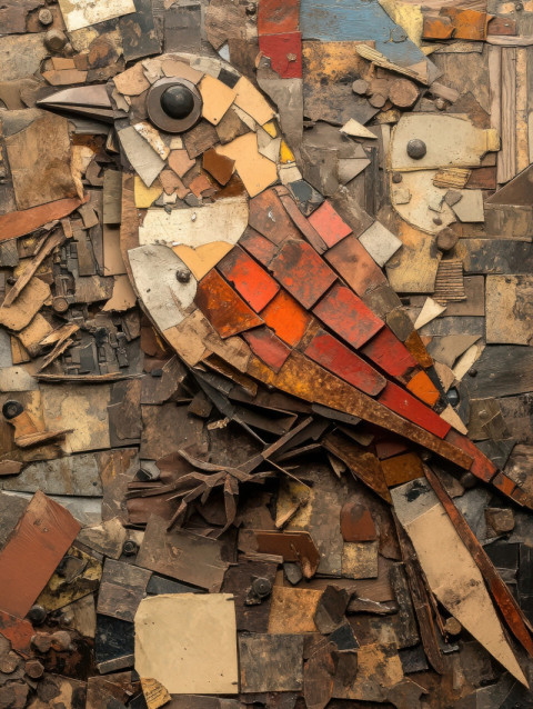 A bird crafted from mixed metal and wood fragments