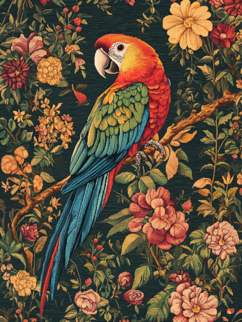 Colorful parrot perched on a flowering vine