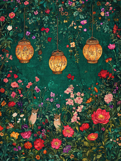 Floating lanterns glowing in a vibrant floral garden