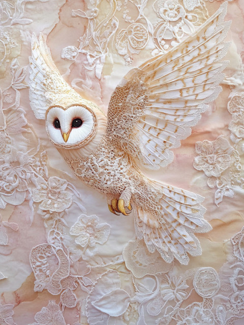 A soaring owl with lace embroidered wings