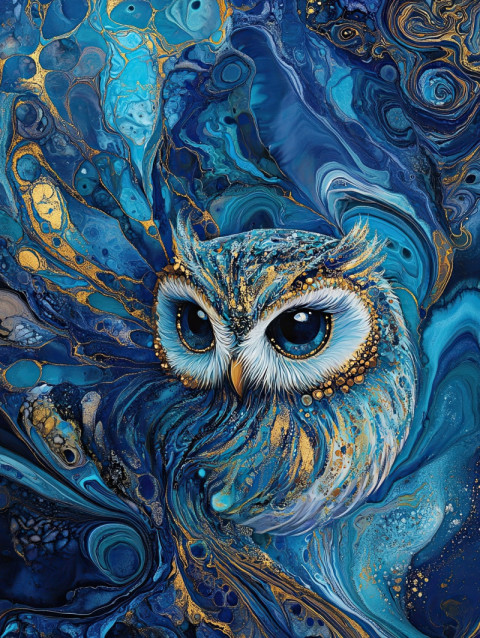 A soaring owl with swirling feather textures in vibrant ebru style