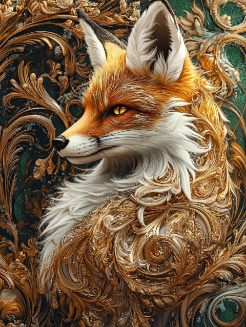 A curled fox with gilded fur swirls