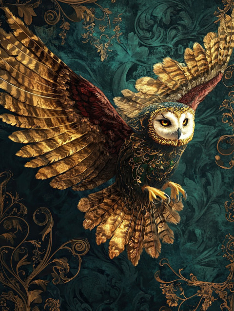 A soaring owl with golden feathered accents spreads its wings mid flight