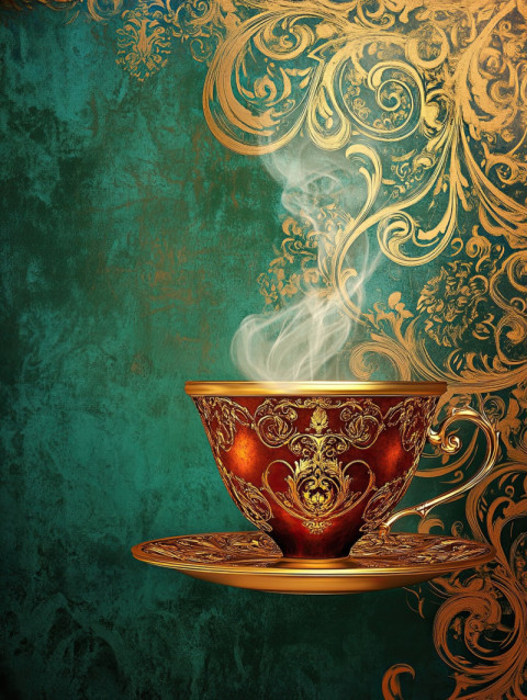 A steaming cup with gold trimmed swirls releases aromatic vapor