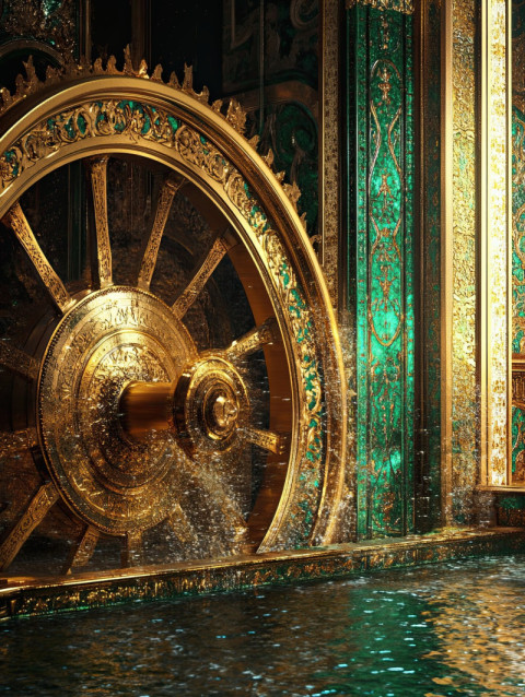 A gilded waterwheel turns as shimmering water flows over it