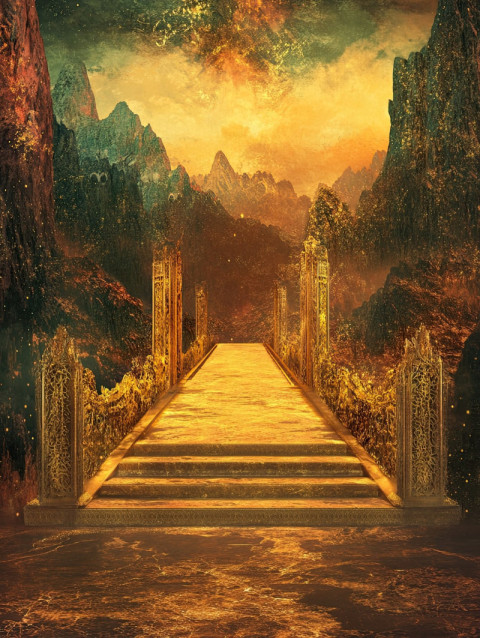 A golden pathway leads to distant mountains