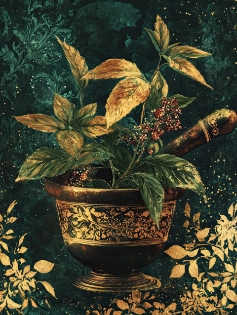 A herbal plant with gilded veins rests in a mortar