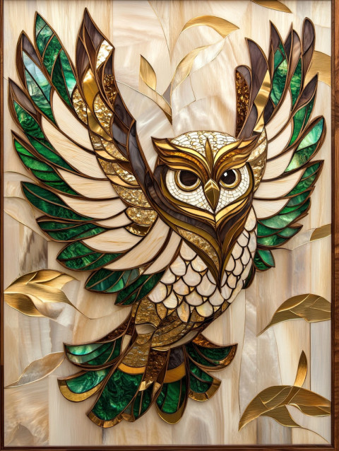 A soaring owl with brass inlaid feathers gliding through the sky