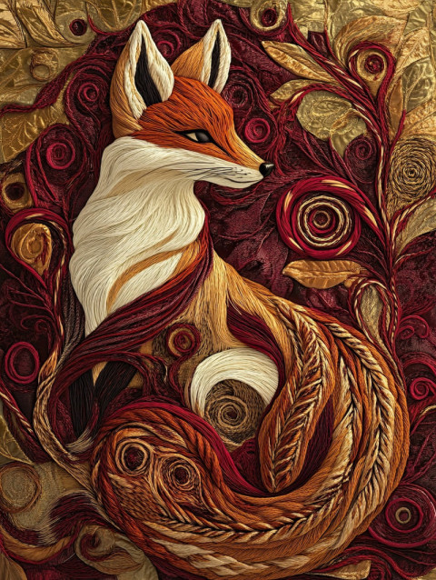 A curled fox with flowing soutache swirls and loops