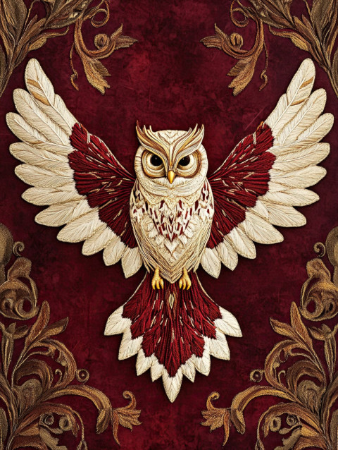 A soaring owl with feathery wings detailed in soutache-like embroidery