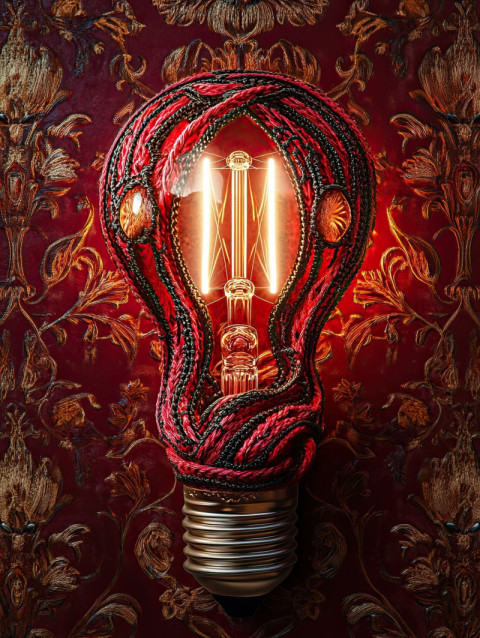 A glowing lightbulb wrapped in soutache coils