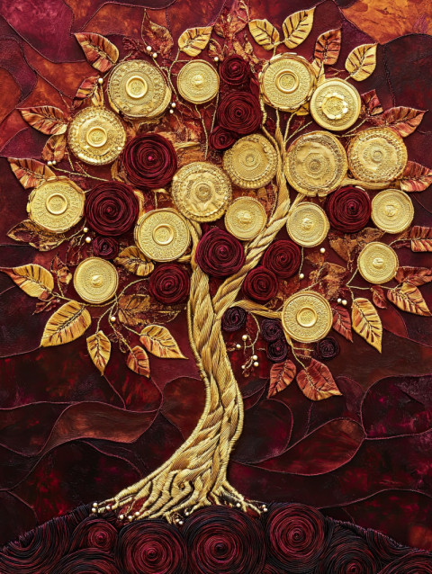 A tree with golden leaves shaped like soutache coins