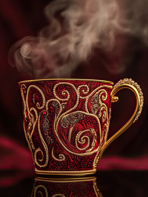 A steaming cup decorated with soutache embroidery style accents