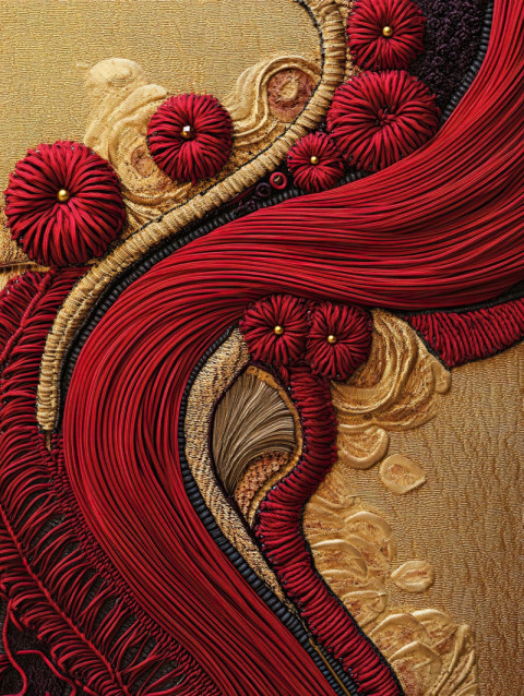 A winding road bordered with intricate layered soutache edges