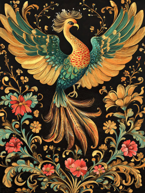 Elegant firebird in palekh art with flowing feathers and golden accents