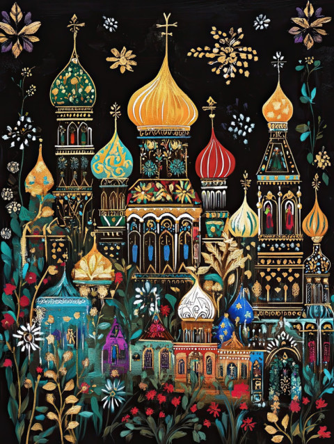 Palekh village with golden domes and traditional russian architecture