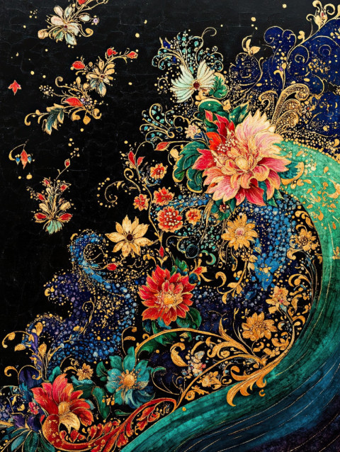 Mythical sea in palekh painting with swirling waves