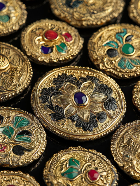 Gold accented coins in palekh style featuring intricate engravings