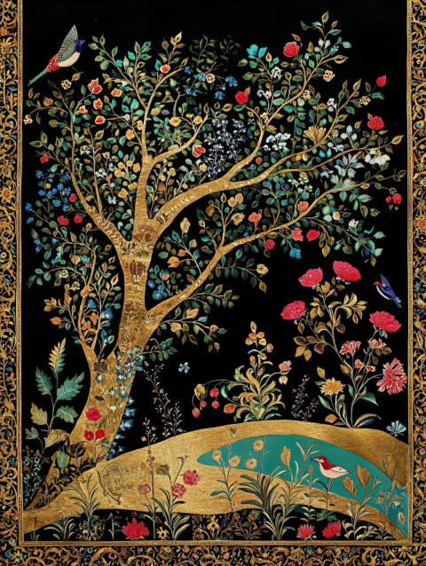 Fairy tale forest in palekh art with mystical trees