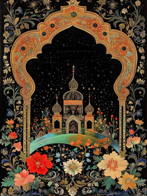 Cosmic scene in palekh miniature with glowing planets