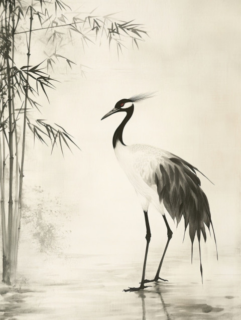 Graceful crane in ink wash