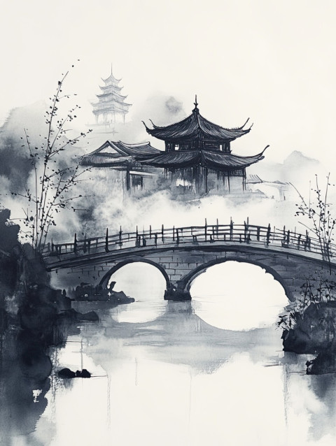 Misty temple in sumi e style