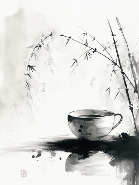 Delicate teacup in ink strokes