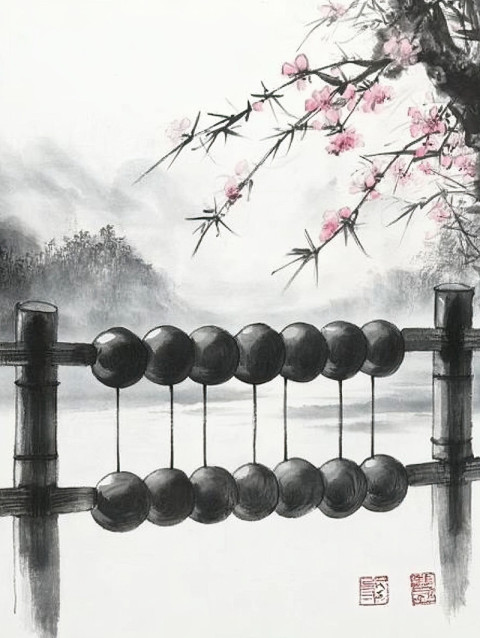 Ink brushed abacus in balance