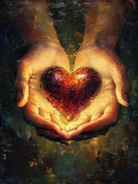 Hands gently hold a glowing heart radiating warmth and kindness