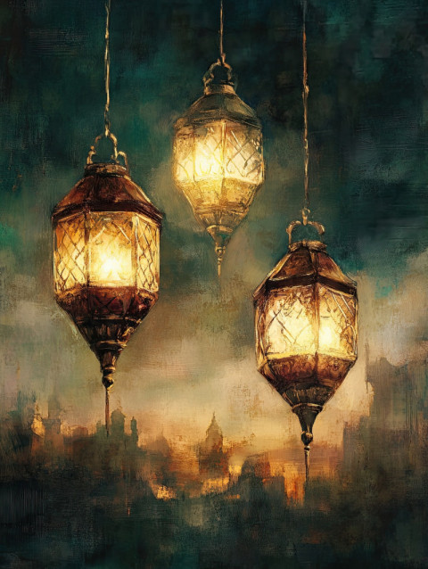 Lanterns float in a twilight sky