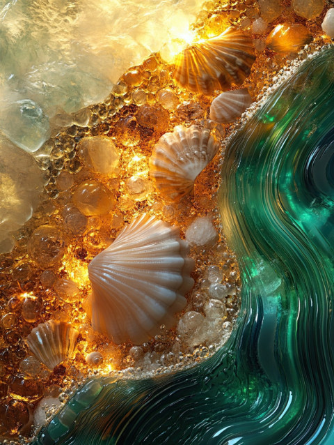 Seashells and ocean waves carved in agate