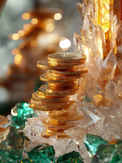 Stacked gold coins sculpted in quartz relief