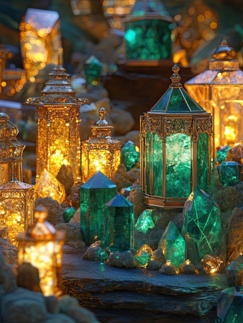 Lantern festival scene crafted in gemstone mosaic