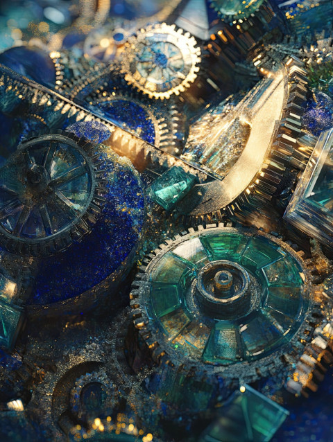 Gears and cogs intricately carved in lapis lazuli