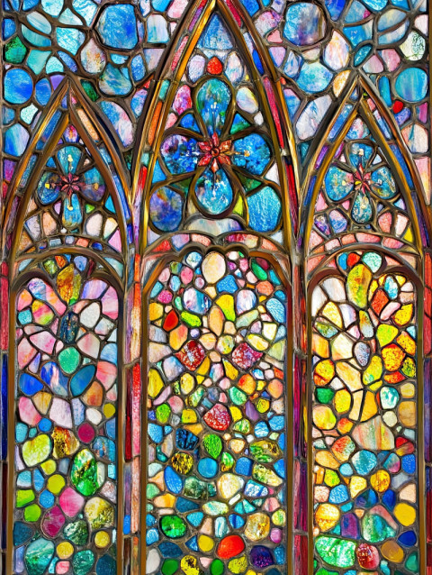 Stained glass cathedral windows glowing with intricate millefiori glass patterns