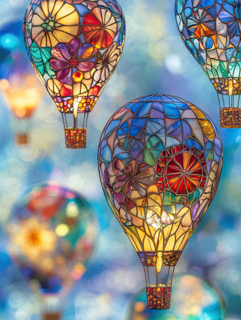 Hot air balloons floating in intricate patterns