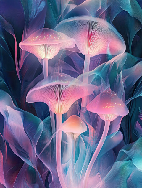 Neon bioluminescent mushrooms glowing in the dark