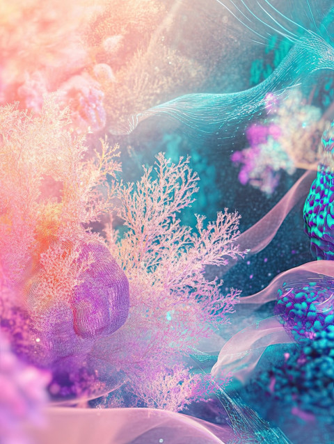 Dreamy underwater coral reef scene with colorful marine life