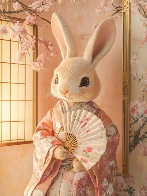 A rabbit wearing a colorful kimono holds a folding fan