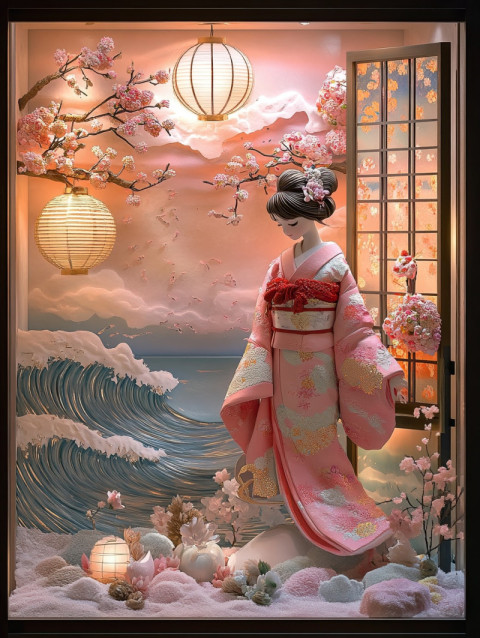 A kimono clad girl plays near ocean waves