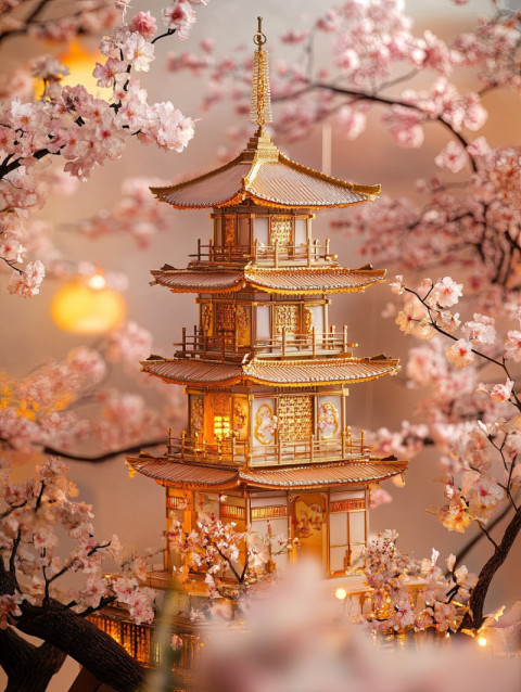 A pagoda stands among cherry blossoms swaying in the breeze