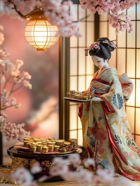 A merchant doll counts gold coins on a tray