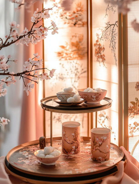 A lacquered tray holds mochi and sakÃ© cups