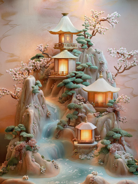 A pine covered mountain with flowing rivers forms a scenic backdrop for a hina doll